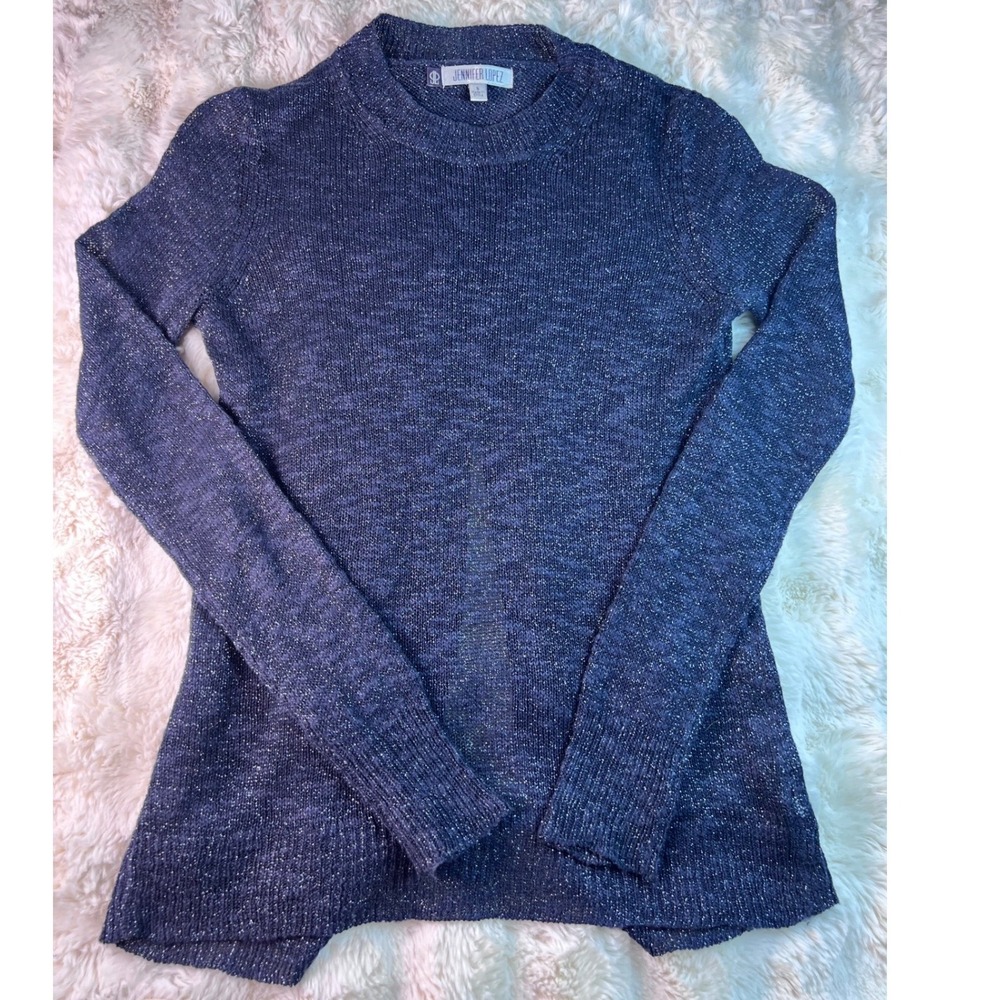 Jennifer Lopez Women Navy Blue Metalic Shimmer Split Hem Crew Neck Sweater S A12